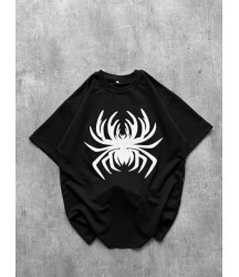 Erkek Örümcek Baskılı Tişört Kısa Kollu Bisiklet Yaka T-Shirt - Siyah