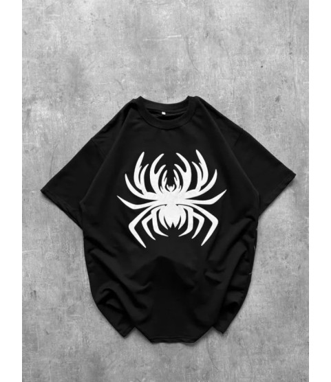 Erkek Örümcek Baskılı Tişört Kısa Kollu Bisiklet Yaka T-Shirt - Siyah