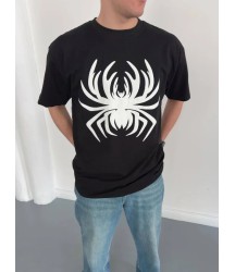 Erkek Örümcek Baskılı Tişört Kısa Kollu Bisiklet Yaka T-Shirt - Siyah