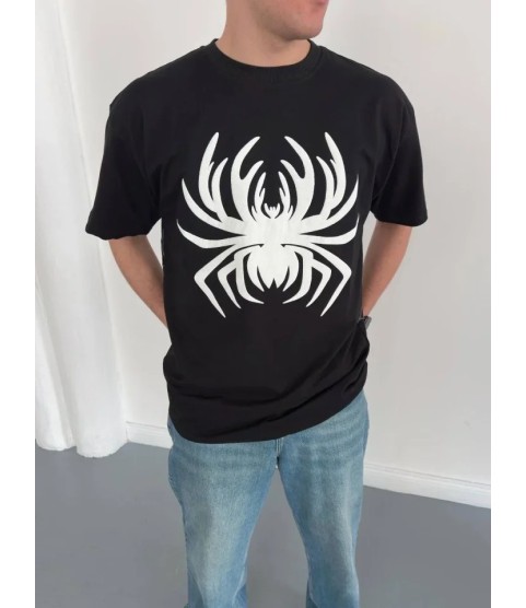 Erkek Örümcek Baskılı Tişört Kısa Kollu Bisiklet Yaka T-Shirt - Siyah