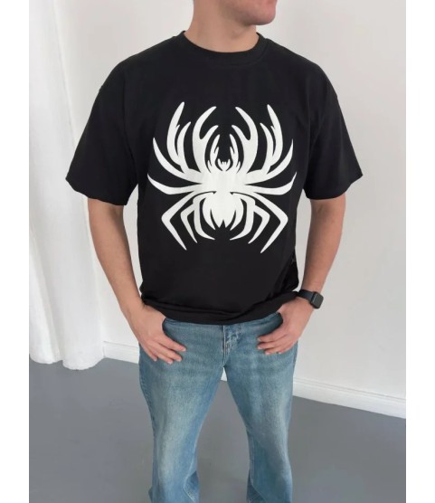 Erkek Örümcek Baskılı Tişört Kısa Kollu Bisiklet Yaka T-Shirt - Siyah