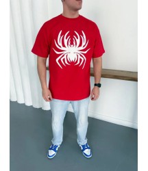Erkek Örümcek Baskılı Tişört Kısa Kollu Bisiklet Yaka T-Shirt - Kırmızı