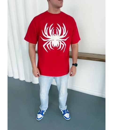 Erkek Örümcek Baskılı Tişört Kısa Kollu Bisiklet Yaka T-Shirt - Kırmızı