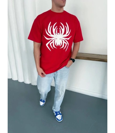Erkek Örümcek Baskılı Tişört Kısa Kollu Bisiklet Yaka T-Shirt - Kırmızı