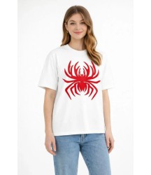 Örümcek Baskılı Tişört Kısa Kollu Bisiklet Yaka T-Shirt - Beyaz