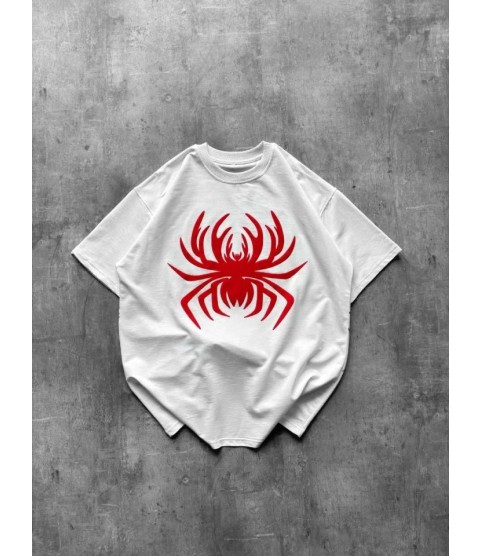 Örümcek Baskılı Tişört Kısa Kollu Bisiklet Yaka T-Shirt - Beyaz