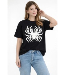 Örümcek Baskılı Tişört Kısa Kollu Bisiklet Yaka T-Shirt - Siyah