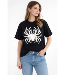 Örümcek Baskılı Tişört Kısa Kollu Bisiklet Yaka T-Shirt - Siyah