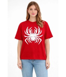Örümcek Baskılı Tişört Kısa Kollu Bisiklet Yaka T-Shirt - Kırmızı