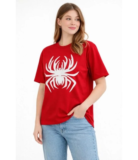 Örümcek Baskılı Tişört Kısa Kollu Bisiklet Yaka T-Shirt - Kırmızı