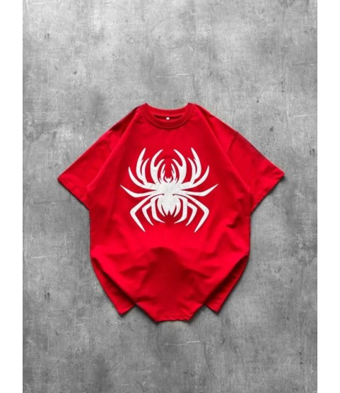 Örümcek Baskılı Tişört Kısa Kollu Bisiklet Yaka T-Shirt - Kırmızı