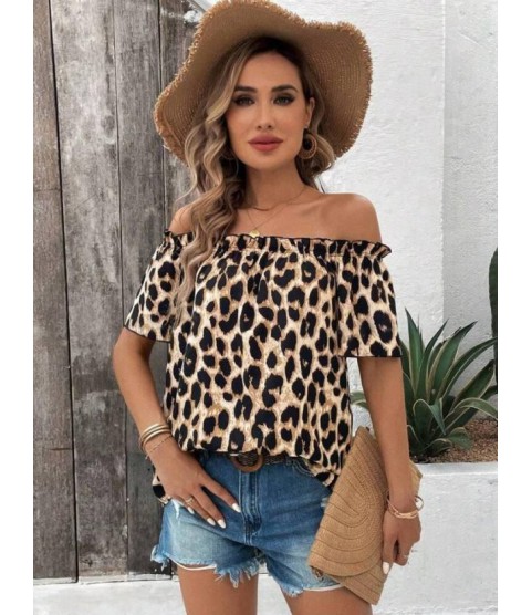 Kadın Madonna Yaka Fırfırlı Leopar Desenli Mikro Kumaş Bluz