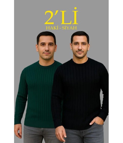 Erkek Fitilli Triko Kazak 2’li Set Siyah Haki Kalın Dokuma Pamuklu Regular Fit Bisiklet