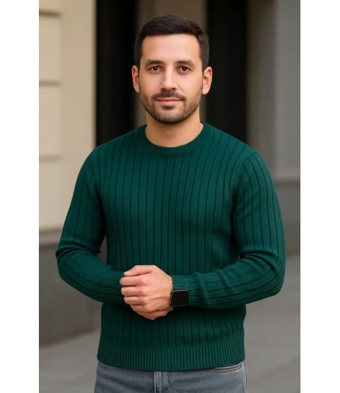 Erkek Fitilli Triko Kazak 2’li Set Siyah Haki Kalın Dokuma Pamuklu Regular Fit Bisiklet