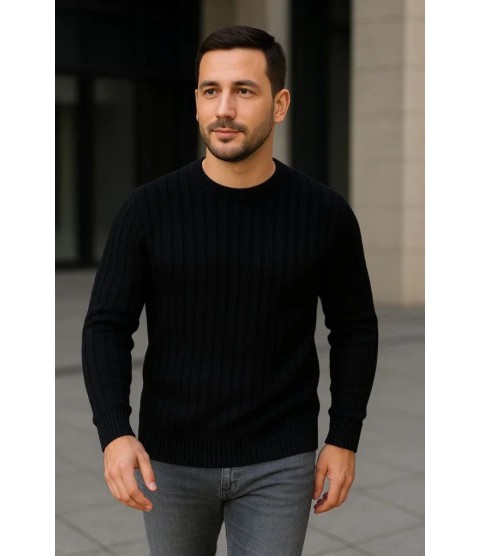 Erkek Fitilli Triko Kazak 2’li Set Siyah Haki Kalın Dokuma Pamuklu Regular Fit Bisiklet