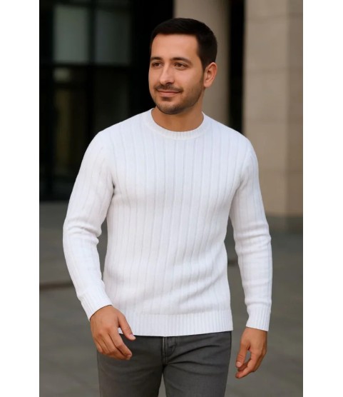 Erkek Fitilli Triko Bisiklet Yaka Kalın Kazak 4lü Set Beyaz-Bebek Mavisi-Gri-Siyah