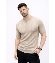 Erkek Kısa Kol Fitilli Triko T-Shirt Yazlık Hakim Yaka Tişört - Bej