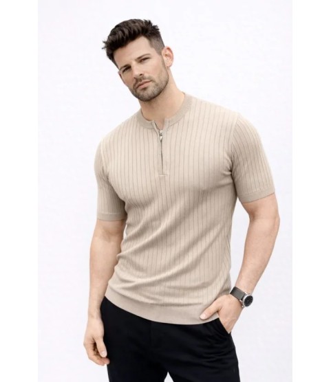 Erkek Kısa Kol Fitilli Triko T-Shirt Yazlık Hakim Yaka Tişört - Bej