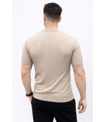 Erkek Kısa Kol Fitilli Triko T-Shirt Yazlık Hakim Yaka Tişört - Bej