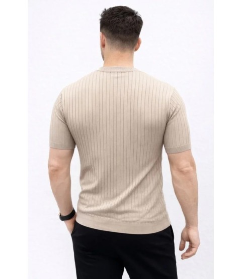 Erkek Kısa Kol Fitilli Triko T-Shirt Yazlık Hakim Yaka Tişört - Bej
