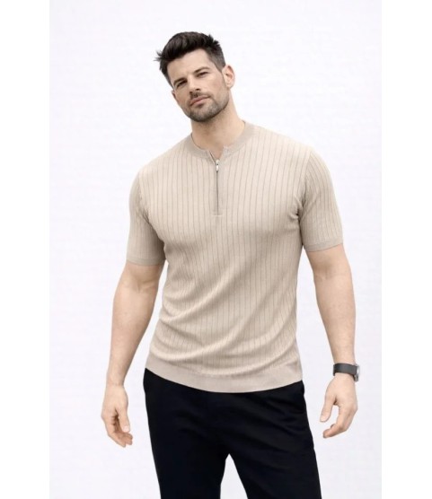 Erkek Kısa Kol Fitilli Triko T-Shirt Yazlık Hakim Yaka Tişört - Bej