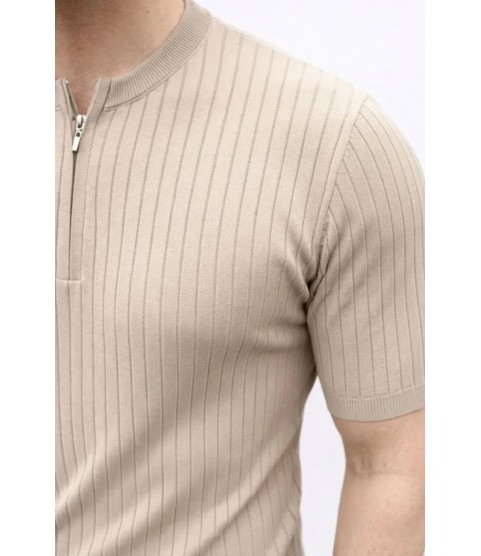 Erkek Kısa Kol Fitilli Triko T-Shirt Yazlık Hakim Yaka Tişört - Bej
