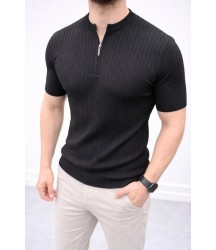 Erkek Kısa Kol Fitilli Triko T-Shirt Yazlık Hakim Yaka Tişört - Siyah