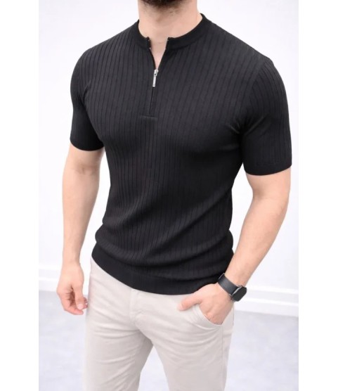 Erkek Kısa Kol Fitilli Triko T-Shirt Yazlık Hakim Yaka Tişört - Siyah