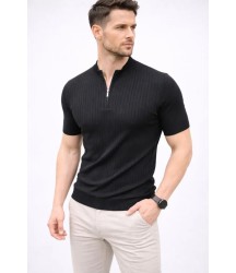 Erkek Kısa Kol Fitilli Triko T-Shirt Yazlık Hakim Yaka Tişört - Siyah