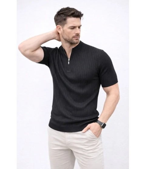 Erkek Kısa Kol Fitilli Triko T-Shirt Yazlık Hakim Yaka Tişört - Siyah