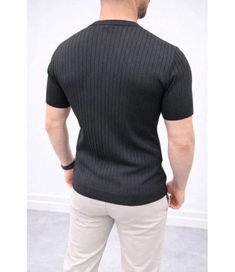 Erkek Kısa Kol Fitilli Triko T-Shirt Yazlık Hakim Yaka Tişört - Siyah