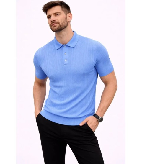 Erkek Yazlık Triko Tişört Kısa Kol Polo Yaka Düğmeli T-Shirt - Bebek Mavisi