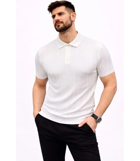 Erkek Yazlık Triko Tişört Kısa Kol Polo Yaka Düğmeli T-Shirt - Beyaz