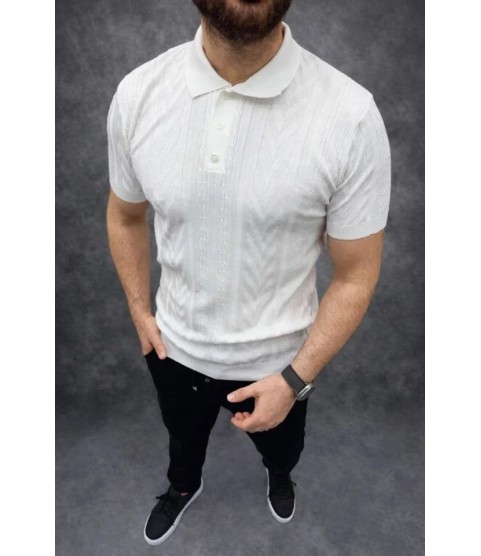 Erkek Yazlık Triko Tişört Kısa Kol Polo Yaka Düğmeli T-Shirt - Beyaz