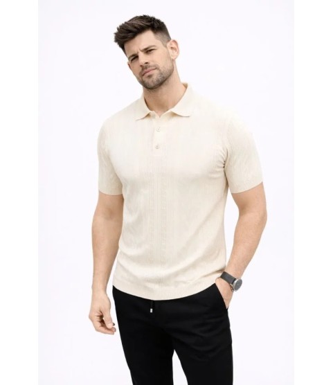 Erkek Yazlık Triko Tişört Kısa Kol Polo Yaka Düğmeli T-Shirt - Krem