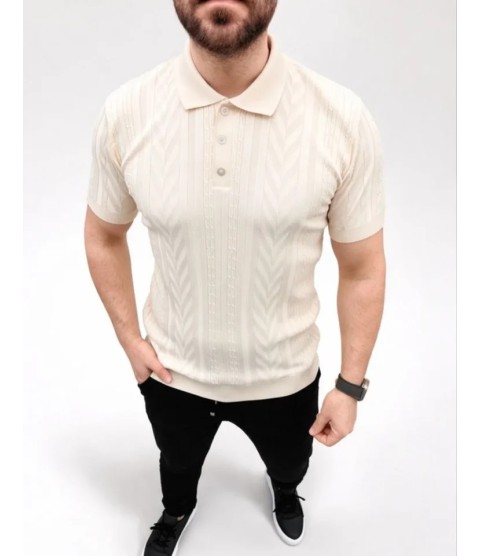 Erkek Yazlık Triko Tişört Kısa Kol Polo Yaka Düğmeli T-Shirt - Krem