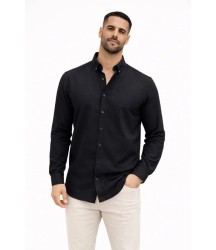 Erkek KETEN Kumaş Oversize Uzun Kollu Rahat Kalıp Gömlek - Siyah