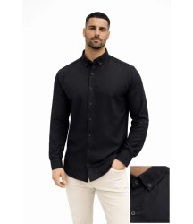 Erkek KETEN Kumaş Oversize Uzun Kollu Rahat Kalıp Gömlek - Siyah