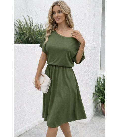 Kadın Kısa Kollu Omuzdan Açık Kiloş Midi Viskon Elbise