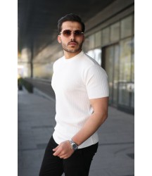 Erkek Bisiklet Yaka Petek Dokulu Kısa Kollu Triko Tişört