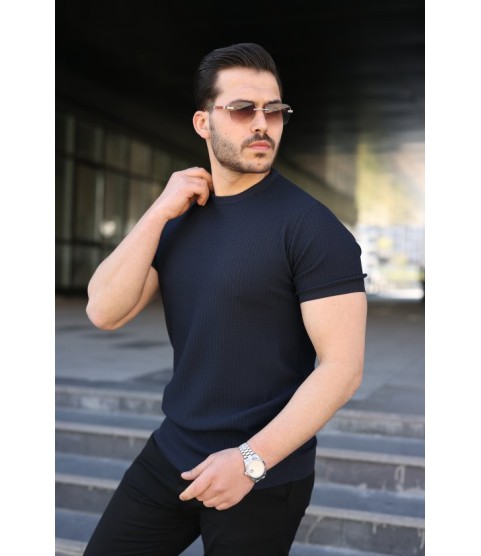 Erkek Bisiklet Yaka Petek Dokulu Kısa Kollu Triko Tişört
