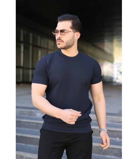Erkek Bisiklet Yaka Petek Dokulu Kısa Kollu Triko Tişört