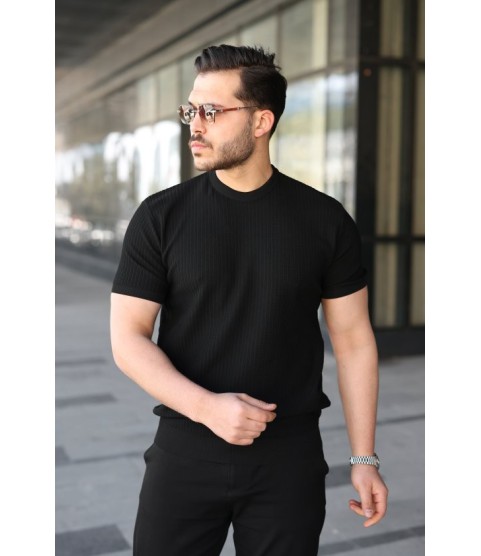 Erkek Bisiklet Yaka Petek Dokulu Kısa Kollu Triko Tişört