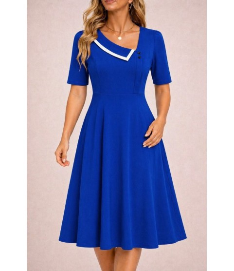 Kadın Kısa Kollu Asimetrik Yaka Detaylı Midi Janjan Krep Elbise