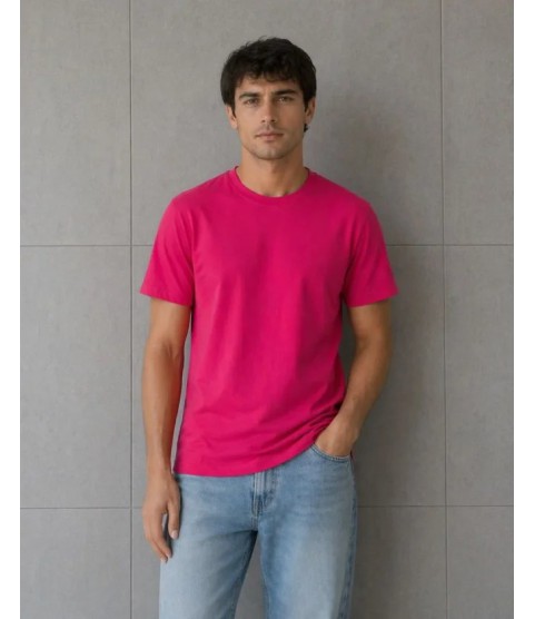 Erkek Basic Pamuklu Tişört Bisiklet Yaka Düz Renk Regular Fit T-Shirt - Fuşya