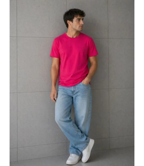 Erkek Basic Pamuklu Tişört Bisiklet Yaka Düz Renk Regular Fit T-Shirt - Fuşya