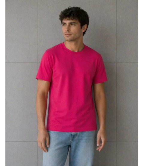 Erkek Basic Pamuklu Tişört Bisiklet Yaka Düz Renk Regular Fit T-Shirt - Fuşya