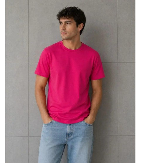 Erkek Basic Pamuklu Tişört Bisiklet Yaka Düz Renk Regular Fit T-Shirt - Fuşya