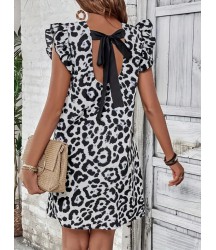 Kadın Kısa Kollu Kolları Fırfır Detay Arkası Bağlamalı Leopar Desen Kolsuz Mini Mikro Elbise