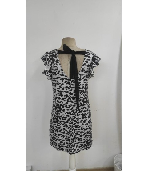 Kadın Kısa Kollu Kolları Fırfır Detay Arkası Bağlamalı Leopar Desen Kolsuz Mini Mikro Elbise